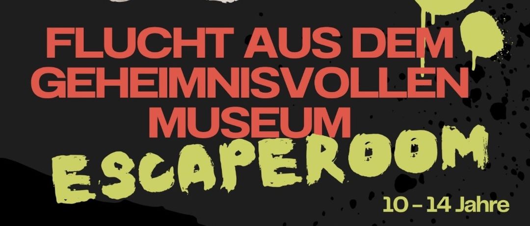 Plakat für ein Escape-Room mit einem Dinosaurier, einer Mumie und einer Uhr, die 10:00 anzeigt. Der Text lautet 'Flucht aus dem Geheimmuseum'.