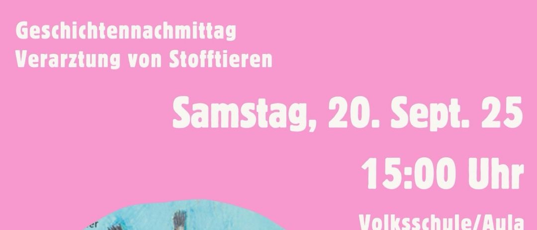 Plakat verkündet das Ende des Sommerleseprogramms mit Geschenk- und Urkundenübergabe. Dr. Maus kommt heute. Samstag, 20. September 2025, um 15:00 Uhr. Ort: Volksschule/Aula. Einladung, Freunde und ein Stofftier mitzubringen. Illustration einer Giraffe mit offenem Mund.