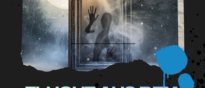 Ein Escape-Room-Werbeposter zeigt eine geisterhafte Gestalt, die in einem Spiegel mit Vollmond im Hintergrund reflektiert wird. Der Text lautet 'Flucht aus dem verhexten Spiegel'.