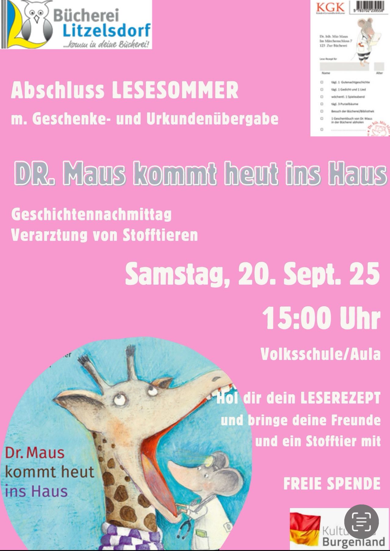 Plakat für Abschlussveranstaltung der Sommerlesekampagne. Dr. Maus kommt heute um 15:00 Uhr. Geschichtennachmittag und Urkundenübergabe.
