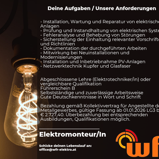 Die Aufgaben umfassen Installation, Wartung und Reparatur von elektrischen Anlagen. Kompetenz in elektrischer Analyse und Fehlerbehebung. Einhaltung von Sicherheitsrichtlinien und relevanten Vorschriften. Dokumentation der durchgeführten Arbeiten. Beteiligung an Neuinstallationen und Modernisierungen. Installation und Betrieb von PV-Anlagen. Netzwerktechnik-Expertise in Kupfer und Glasfaser.