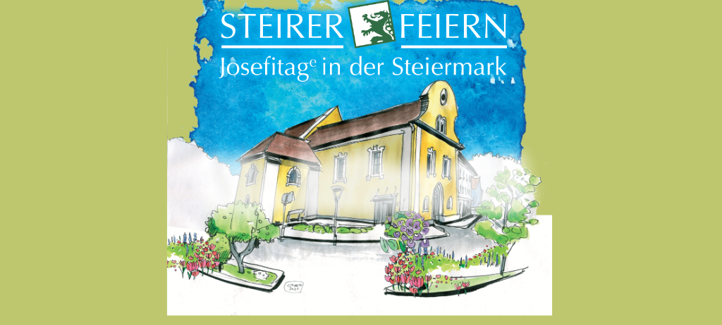 Illustration einer gelben Kirche mit braunem Dach auf grünem Hintergrund, betitelt 'Steirer Feiern Josefitag in der Steiermark'.