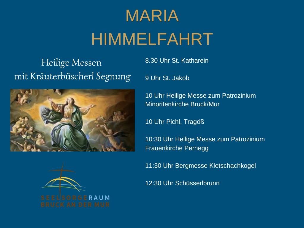 Plakat für Maria Himmelfahrt-Veranstaltung mit Zeiten und Orten der Messen, mit einem Bild von Maria, die in den Himmel aufsteigt.