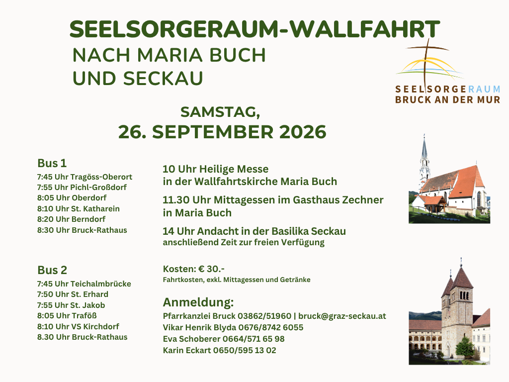 Plakat für eine Wallfahrtsveranstaltung nach Maria Buch und Seckau am 26. September 2026. Es enthält Details zum Zeitplan, den Kosten und Kontaktinformationen.