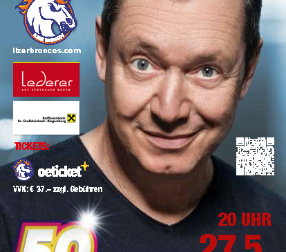 Plakat mit einem lächelnden Mann, Alex Kristan, mit dem Titel '50 Shades of Schmeh'. Veranstaltungsdatum: 27. Mai 2023 um 20 Uhr. Ort: Sporthalle ILZ. Tickets: oeticket.com. Preise: 37 EUR.