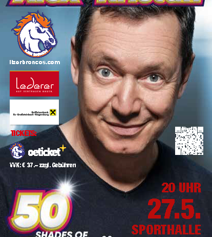 Plakat mit einem lächelnden Mann, Alex Kristan, mit dem Titel '50 Shades of Schmeh'. Veranstaltungsdatum: 27. Mai 2023 um 20 Uhr. Ort: Sporthalle ILZ. Tickets: oeticket.com. Preise: 37 EUR.
