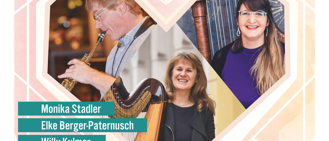 Plakat für eine Veranstaltung mit dem Titel 'Herzwarts' mit Monika Stadler, Elke Berger-Paternusch und Willy Kulmer. Sie spielen Harfe, Saxophon und Harfe. Die Veranstaltung findet am 1. Juni um 18:00 Uhr in der Pfarrkirche Ilz statt.
