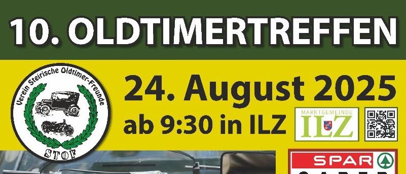 Eine Werbung für das 10. Oldtimer Treffen am 24. August 2025, beginnend um 9:30 Uhr in ILZ. Es zeigt ein Armaturenbrett eines Oldtimers mit einem Lenkrad, einem QR-Code und Logos.