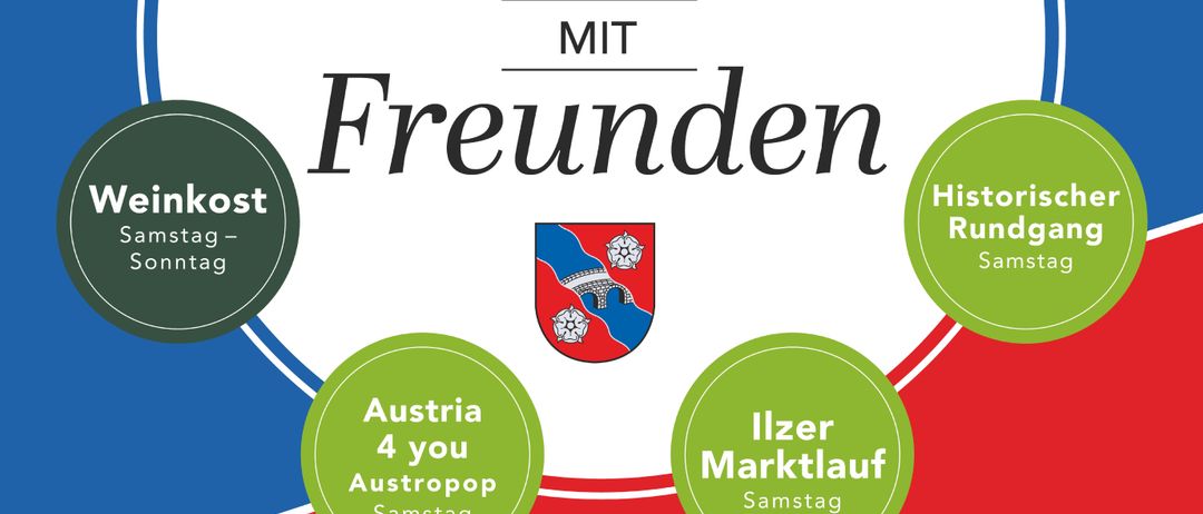 Ein Plakat bewirbt ein dreitägiges Fest, beginnend am Freitag, 5. September. Es beinhaltet einen Gottesdienst am Sonntag, ein Frühstück am Samstag und eine historische Parade am Samstag. Das Fest bietet auch Austria 4 You Austerpop am Samstag. Die abgedeckten Daten sind der 5., 6. und 7. September.