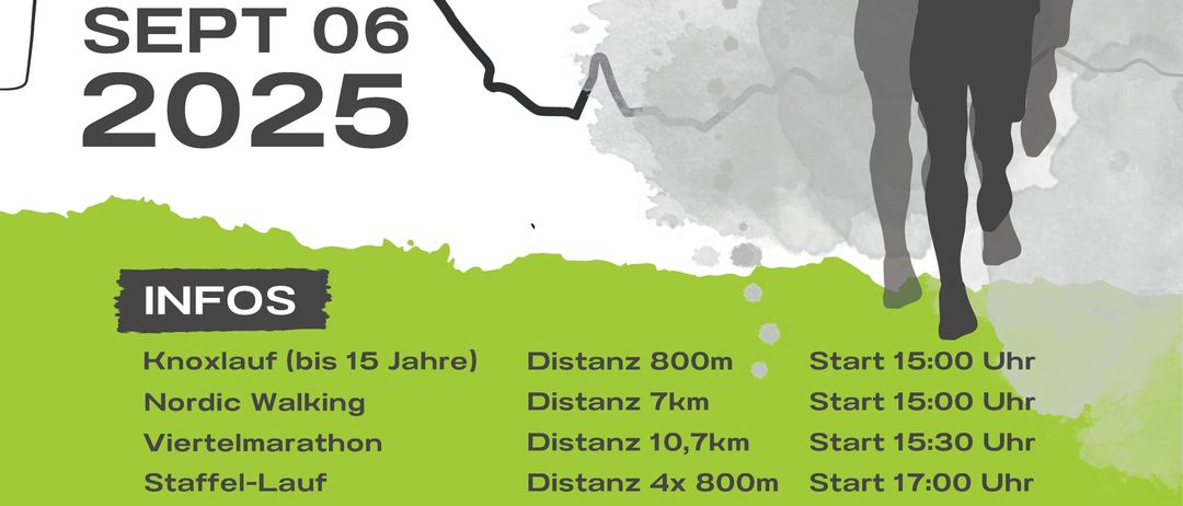 Flyer für ein Laufevent am 06. September 2025. Vier Distanzen verfügbar: 800m, 7km, 10,7km und 4x800m. Anmeldegebühr: 10€ für Kinder, 15€ für Erwachsene. Inklusive Geschenk, Verpflegung und Urkunden. QR-Code für Anmeldung.