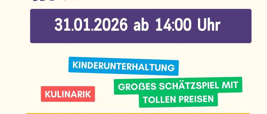 Plakat für Kinderfasching im Kulturhaus Ilz am 31.01.2026 ab 14:00 Uhr. Aktivitäten umfassen Kinderunterhaltung, eine große Schatzsuche mit wertvollen Preisen und kulinarische Highlights. Alle Ilz-Kindergarten- und Kinderkrippenkinder haben freien Eintritt. Der Eintritt beträgt 2 Euro.