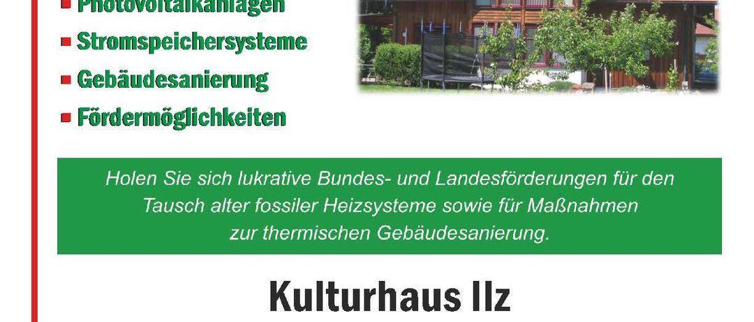 Ein Plakat bewirbt einen Infoabend über erneuerbare Energiesysteme, einschließlich Biomasseheizung, Wärmepumpen, Solarthermie, Photovoltaik und Speichersysteme. Veranstaltet von Regionalenergie Steiermark, mit Unterstützung der Modellregion Furstenfeld und Ökoenergie. Datum: 9. Februar 2026, 18:30 Uhr.