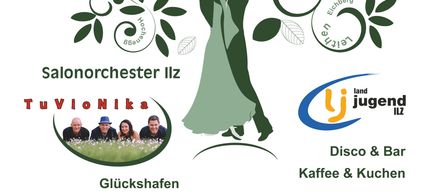 Gemeindeball beim Salonorchester Ilz am 14. Februar 2026. Mit Disco & Bar, Kaffee & Kuch und Glückshafen. Abbildung eines tanzenden Paares mit grünen Blättern.