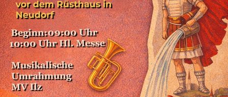 Das Bild ist ein Plakat für die Fruhschoppen-Veranstaltung am 5. Juli 2026, Beginn um 09:00 Uhr mit einer Heiligen Messe um 10:00 Uhr. Es zeigt eine Illustration von Sankt Florian, der ein Feuer löscht.
