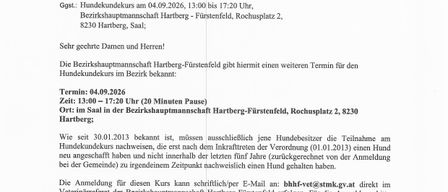 Ein Dokument vom Bezirkshauptmannschaft Hartberg-Fürstenfeld kündigt eine Hundebesitzerregistrierungsveranstaltung am 9. April 2026 von 13:00 bis 17:20 Uhr im Bezirksamt Hartberg an. Es enthält Details zum Registrierungsprozess, Gebühren und Kontaktdaten.