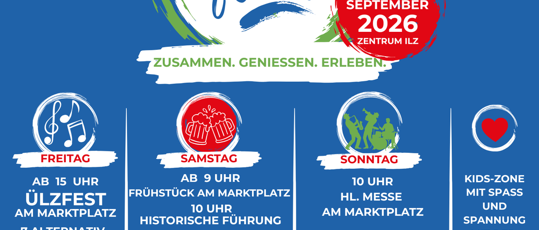 Plakat für das ILZ-Festival mit einem Zeitplan der Veranstaltungen vom 4. bis 6. September 2026, einschließlich Aktivitäten für verschiedene Altersgruppen und Live-Auftritte verschiedener Bands.