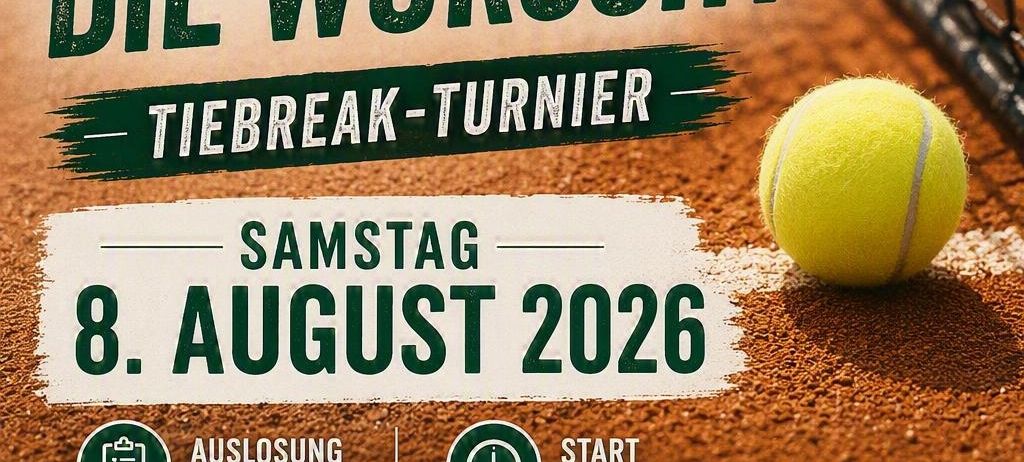 Plakat für ein Wurst-Themen-Tennisturnier am 8. August 2026 mit Details zu Veranstaltungszeit, Ort und Teilnahmegebühr.
