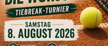 Plakat für ein Wurst-Themen-Tennisturnier am 8. August 2026 mit Details zu Veranstaltungszeit, Ort und Teilnahmegebühr.