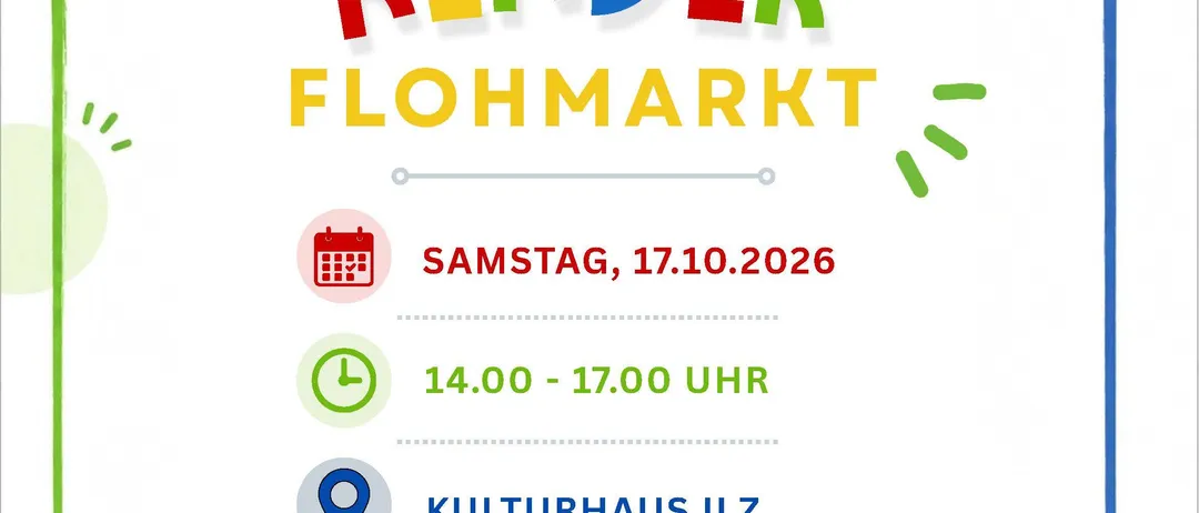 Ein Werbeplakat für die Kinder Flohmarkt-Veranstaltung, die am Samstag, den 17. Oktober 2026, von 14:00 bis 17:00 im Kulturhaus Ilz stattfindet. Die Veranstaltung beinhaltet eine kostenlose Puppentheateraufführung von Katharina Nestler-Thaler um 15:00 Uhr.