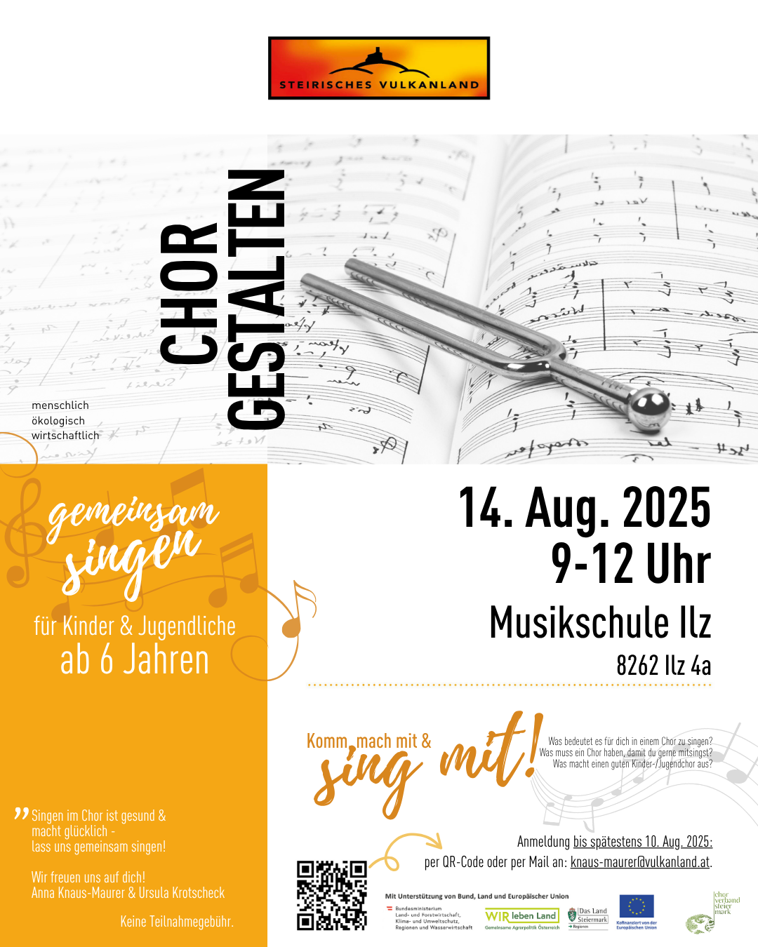 Das Bild ist eine Anzeige für eine Chorveranstaltung. Es zeigt einen Musiknoten, die Worte 'Chor gestalten' und ein Datum vom 14. August 2025. Die Veranstaltung ist für Kinder und Jugendliche ab 6 Jahren offen.