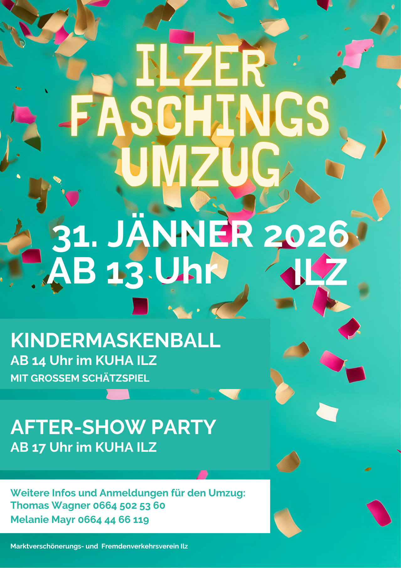 Eine Anzeige für Faschingsumzug am 31. Januar 2026, Beginn um 13 Uhr. Es beinhaltet einen Kindermaskenball um 14 Uhr und eine After-Show-Party um 17 Uhr.