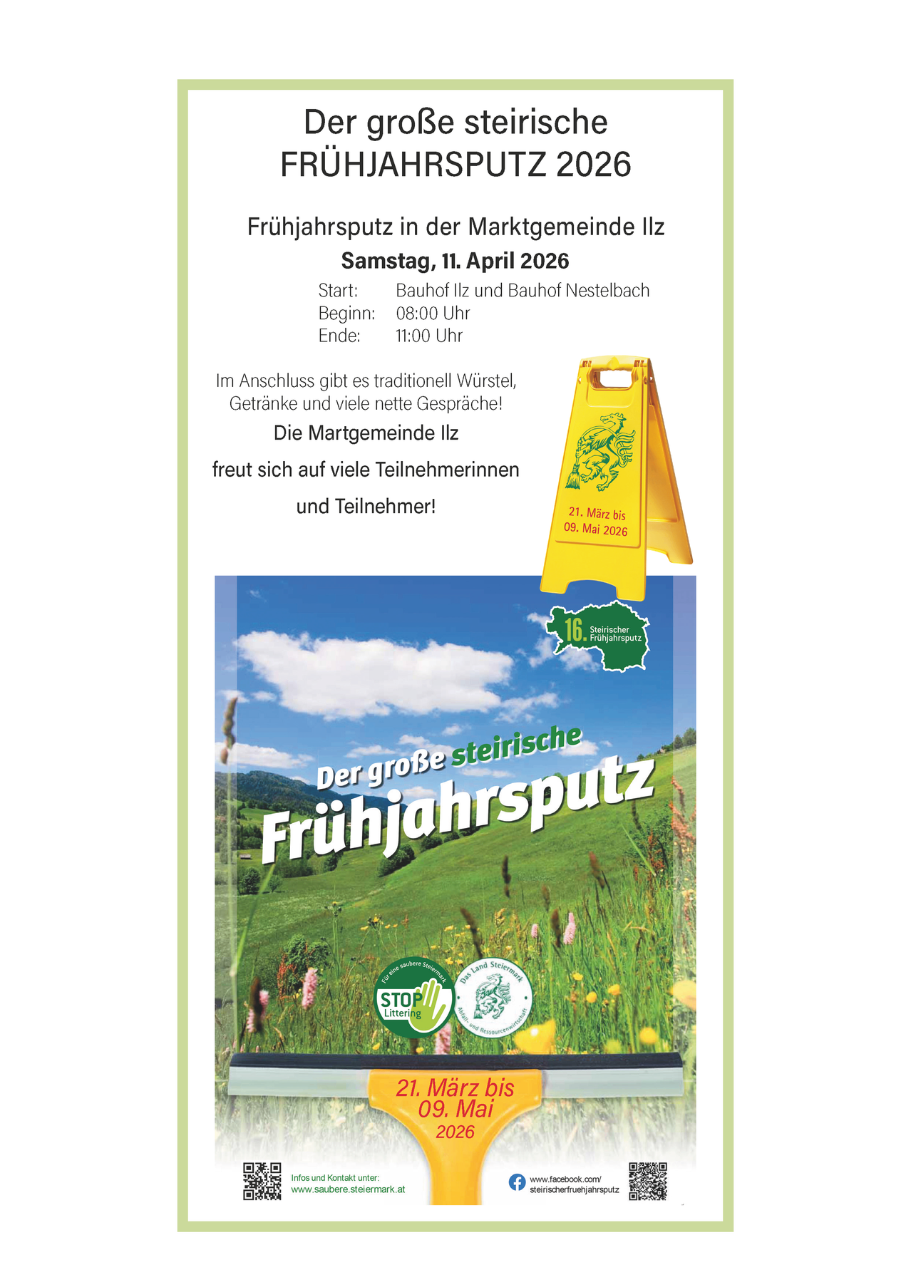 Spring cleaning event in the market community of Ilz on Saturday, April 11, 2026. Start: Bauhof Ilz and Bauhof Nestelbach. Begins: 08:00. Ends: 11:00. Traditional sausages, drinks, and many conversations. The market community Ilz looks forward to many participants.