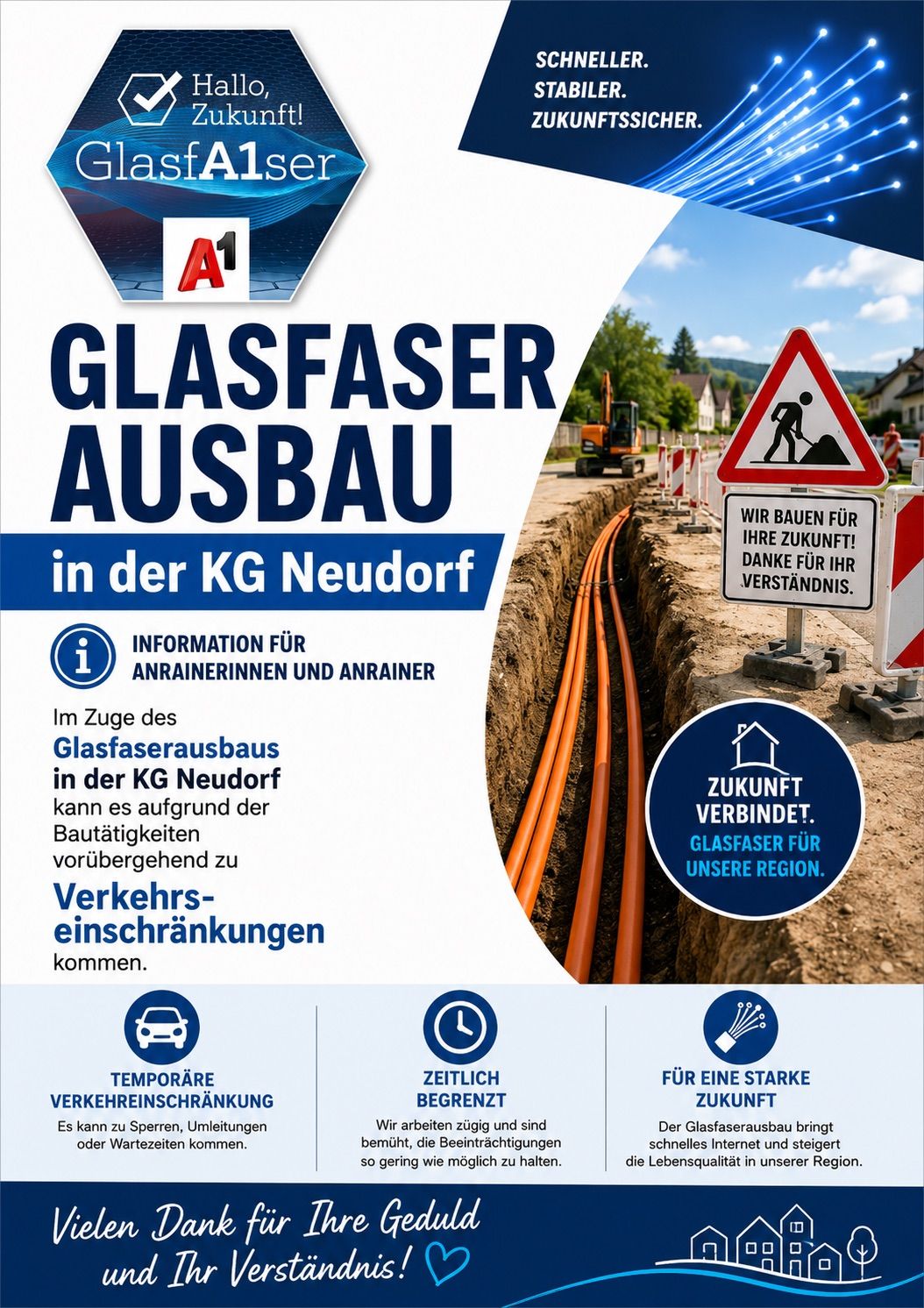 An advertisement for fiber optic installation in KG Neudorf, featuring a construction site with orange cables, a sign indicating future fiber optic connection, and icons for temporary traffic restrictions, time limit, and strong future.
