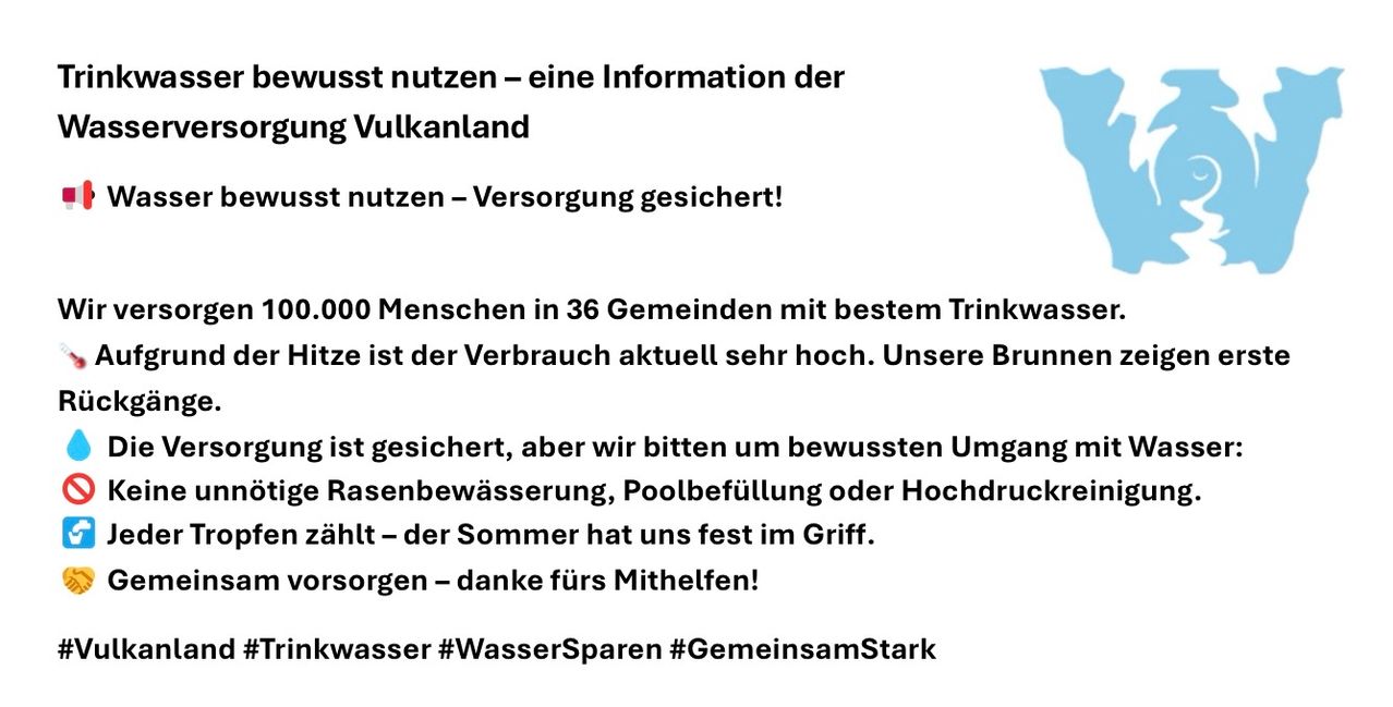 Eine öffentliche Bekanntmachung über Wassereinsparung in Vulkanland, Deutschland. Es hebt den hohen Wasserverbrauch in 36 Gemeinden hervor und fordert verantwortungsvollen Wassergebrauch.