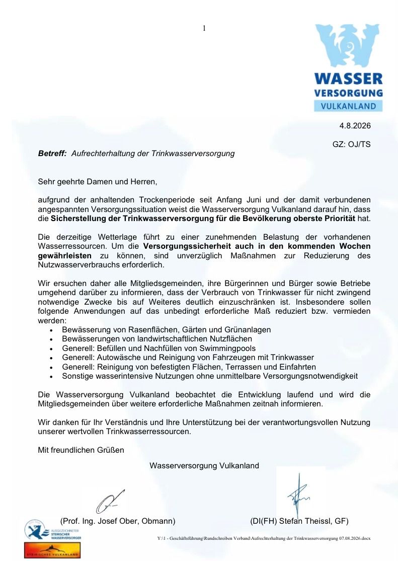 Document from Wasserversorgung Vulkanland regarding the maintenance of drinking water supply due to prolonged dry periods. It requests the reduction of non-essential water use.