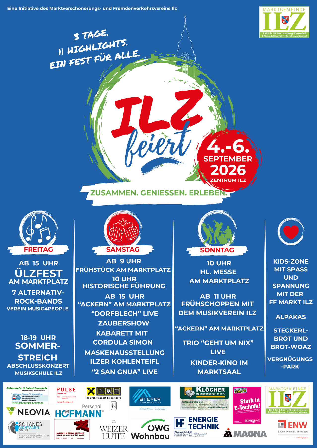 Poster for the Ilz Festival, featuring a schedule for September 4-6, 2026. Events include a breakfast on the market square, historical driving, and a variety of musical performances and activities.