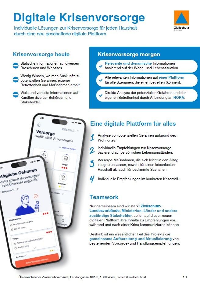 Infographic presenting 'Crisis Provision Today' vs 'Crisis Provision Tomorrow'. Today: static information, brochures, websites. Limited knowledge, potential hazards. Tomorrow: dynamic platform, personalized, integrated risk analysis, recommendations. Mobile app with various risk scenarios. Team collaboration among civil protection organizations.