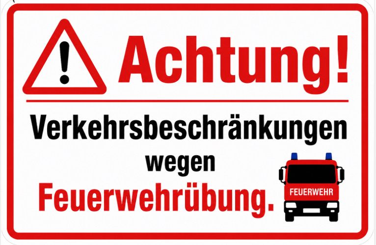 Achtung! Verkehrsbeschränkungen wegen Feuerwehrübung. Rotes Schild mit einem Feuerwehrauto.