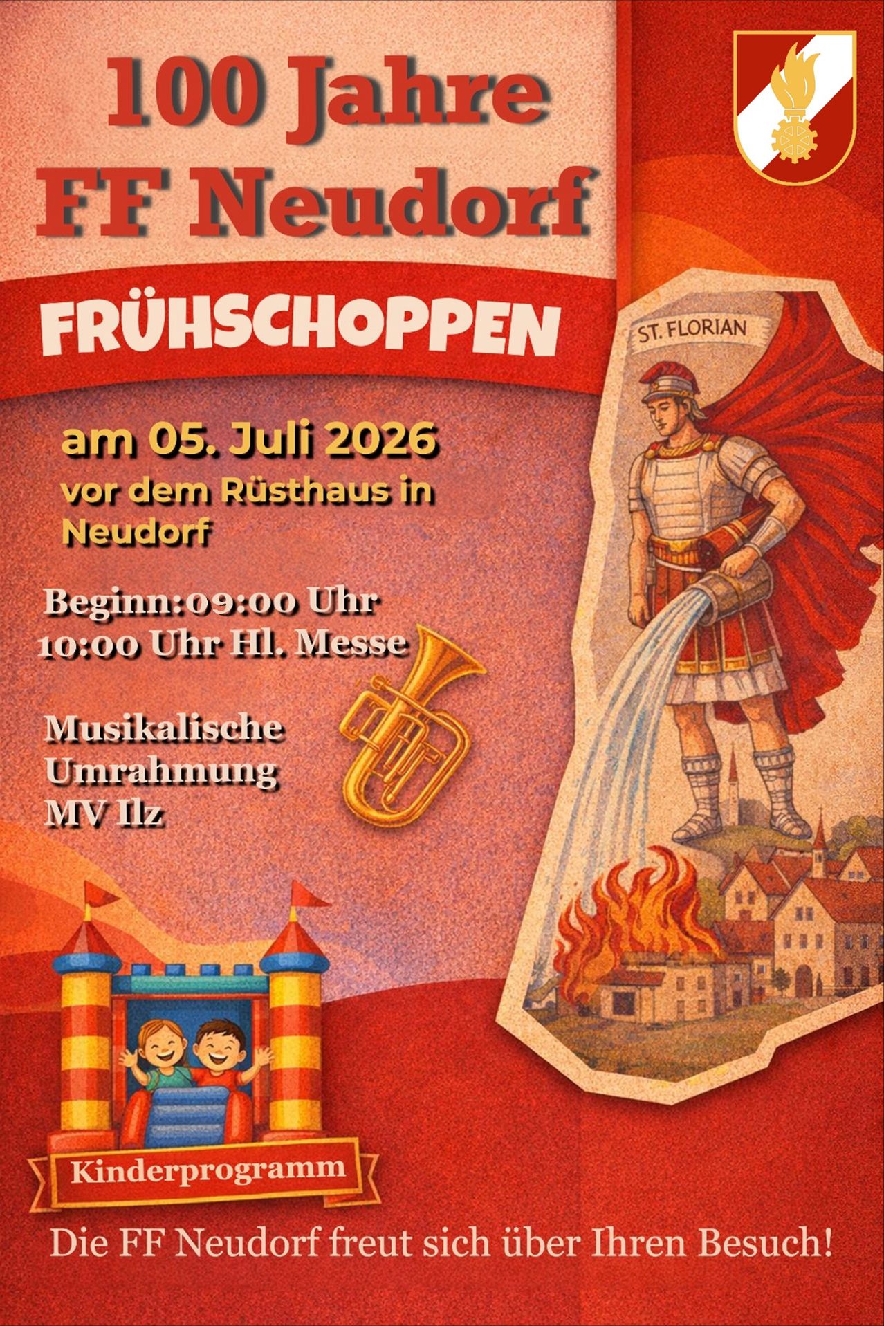 Event poster for Fruhschoppen with a Roman soldier, trumpet, and fire. Date: July 5, 2026. Time: 9:00-10:00 AM. Musical framing by MV Illz. Location: Neudorf, in front of the armory.