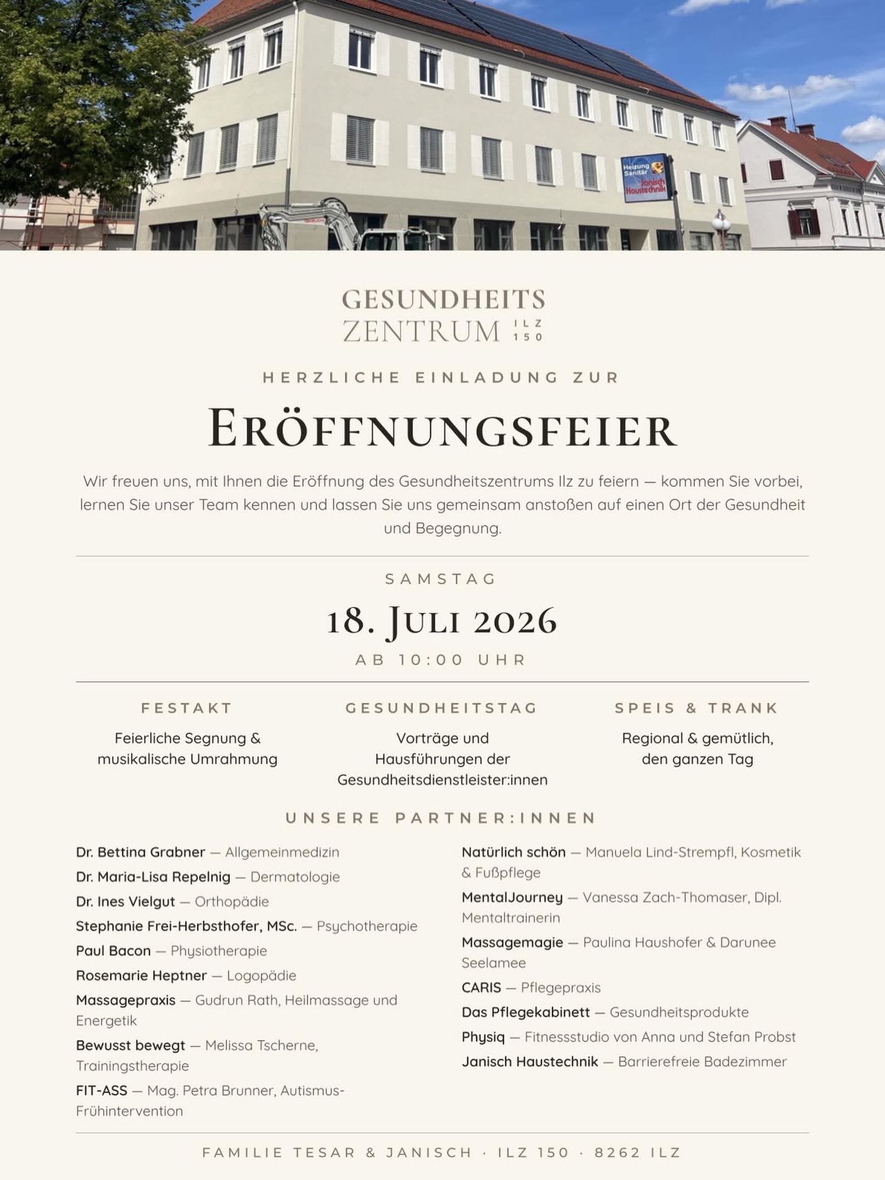 Poster for the opening of the Gesundheits Zentrum Ilz on July 18, 2026, featuring an invitation to a celebration with speeches, music, and presentations by healthcare professionals.