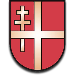 Ein roter Schild mit einem goldenen Kreuz in der Mitte, mit zwei kleineren Kreuzen oben und unten des Hauptkreuzes, auf schwarzem Hintergrund.