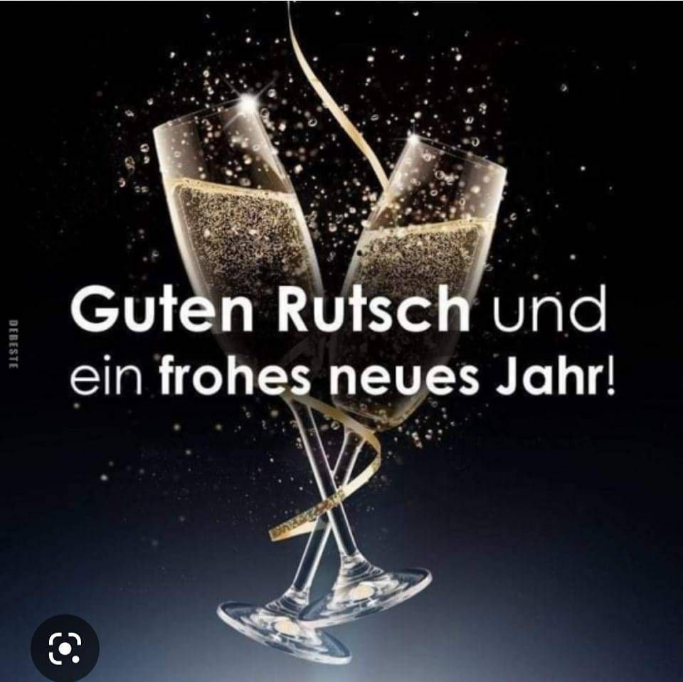 Zwei Champagnerflöten klimpern, Blasen steigen auf. Der Text lautet 'Guten Rutsch und ein frohes neues Jahr!'. Ein Overlay zeigt 'DEBESTE'. Ein Logo befindet sich unten links.