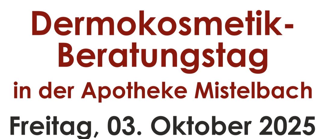 Plakat für Hautanalyse-Event in der Apotheke Mistelbach am 3. Oktober 2025. Beinhaltet ein Hautanalysegerät, Rabatte und eine Telefonnummer.