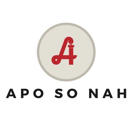 Das Bild zeigt ein Logo mit dem roten Buchstaben 'A', der einer Kerze ähnelt, zentriert in einem weißen Kreis mit dem Text 'APO SONAH' darunter in Schwarz.