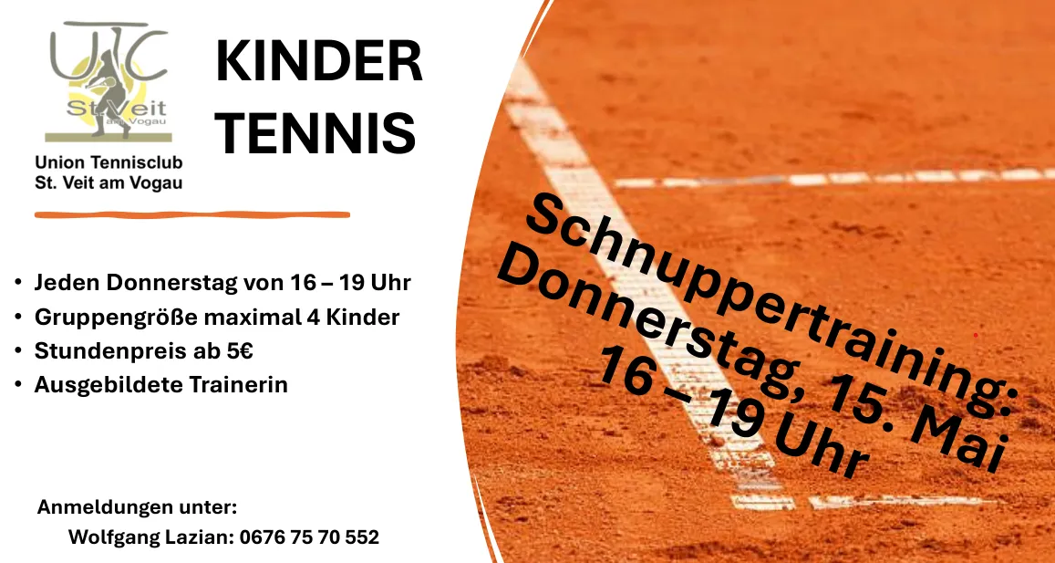 Plakat für Kindertennis. Maximal 4 Kinder. Ab 5 Jahren. Trainerin. Kontakt: 0676 75 70 552.