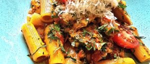 Ein Teller mit Penne-Pasta, überzogen mit einer cremigen Sauce, garniert mit geriebenem Käse und einigen Tomatenscheiben.