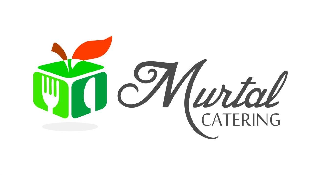 Ein Logo für Murto CATERING mit einem grünen Kasten und einem roten Blatt oben.