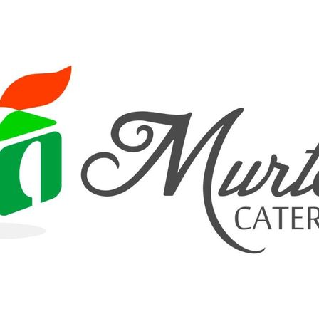 Ein Logo für Murto CATERING mit einem grünen Kasten und einem roten Blatt oben.