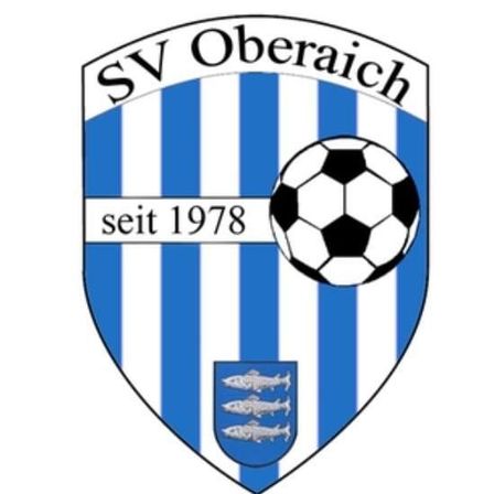 Das Logo von SV Oberaich zeigt einen Fußball über blauen und weißen Streifen. Unter dem Ball befindet sich ein Schild mit drei Fischen. Der Text 'seit 1978' ist in Schwarz geschrieben.