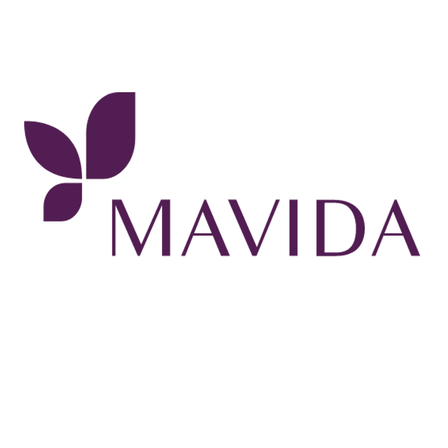 Ein lila Logo mit dem Wort Mavida, das ein stilisiertes Blatt-Symbol über dem Text zeigt.