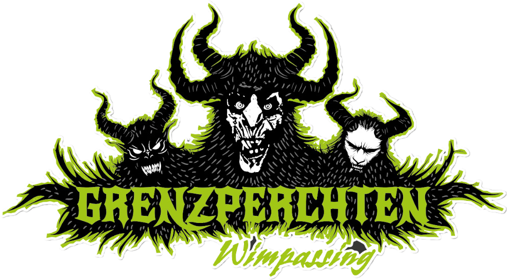 Ein schwarzes und grünes Logo mit drei gehörnten Gesichtern und dem Text Grenzperchten Wimpasing in grüner Schrift.