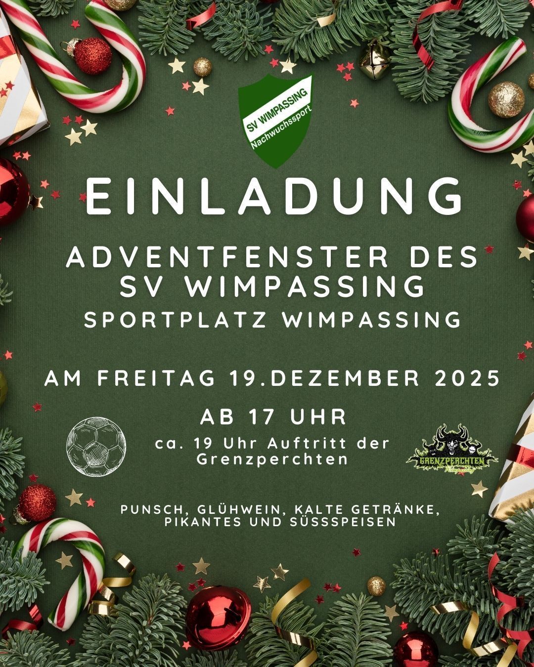 Einladung zu den Adventfenstern des SV Wimpassing am Freitag, 19. Dezember 2025, ab 17 Uhr. Punsch, Glühwein, kalte Getränke, pikante und süße Speisen stehen zur Verfügung.