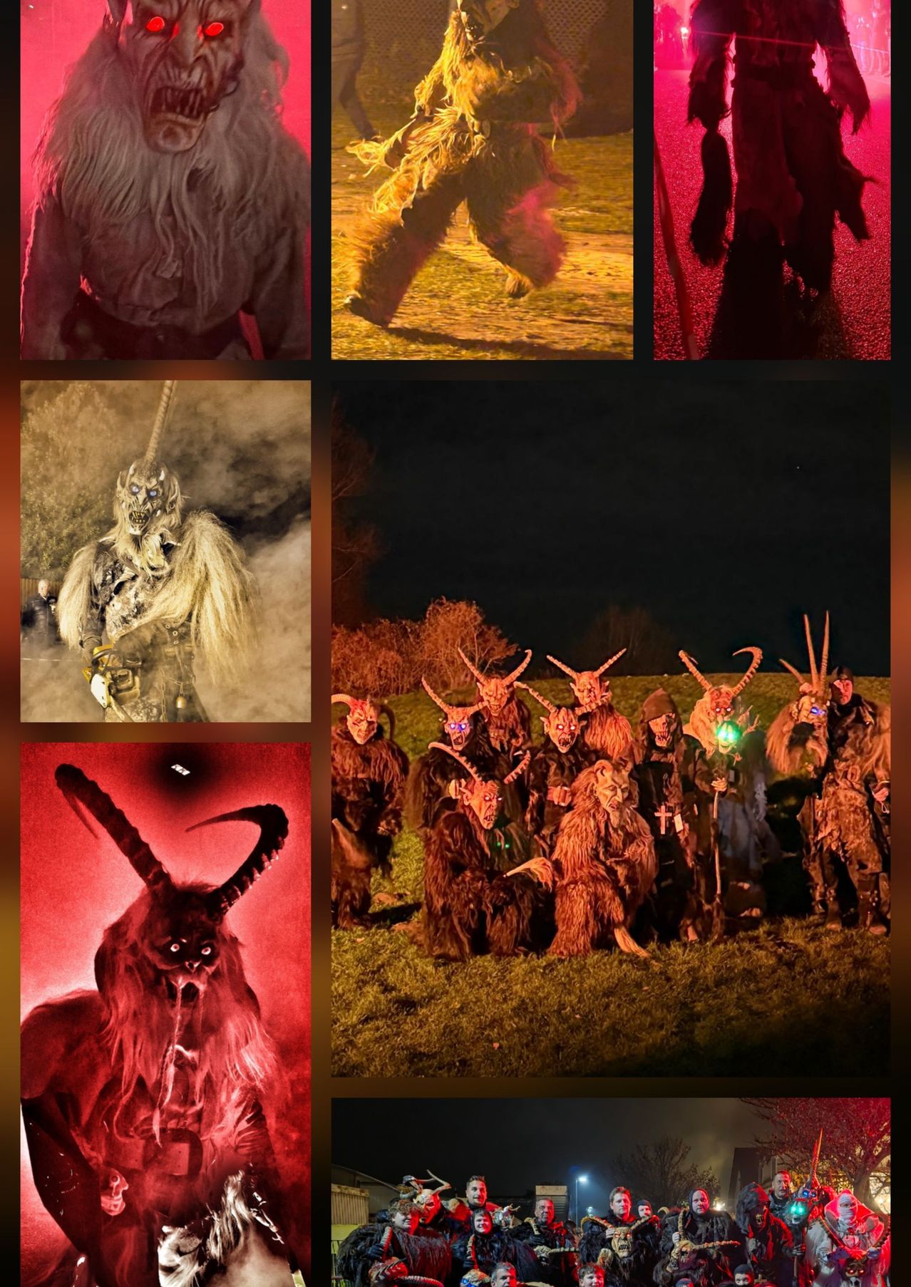 Eine Collage von dämonischen Figuren mit Hörnern und Masken. Eine Figur ist rot mit einem leuchtenden Gesicht, eine andere in schwarz und eine Gruppe auf einem Feld bei Nacht.