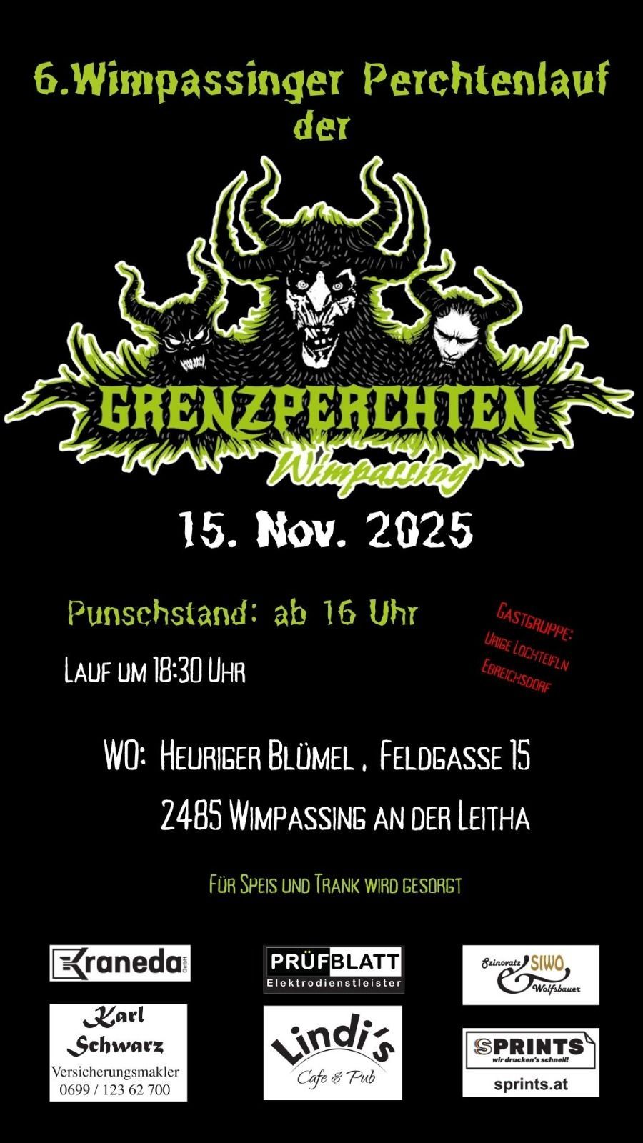 Poster for Grenzperchten Wimpassing event on 15th Nov 2025, starts at 6 PM, featuring Gastgruppe, Urige Lochtfeln, Erreichsdoof, and Heuriger Blumel at Feldgasse 15, 2485 Wimpassing. Food and drinks provided.