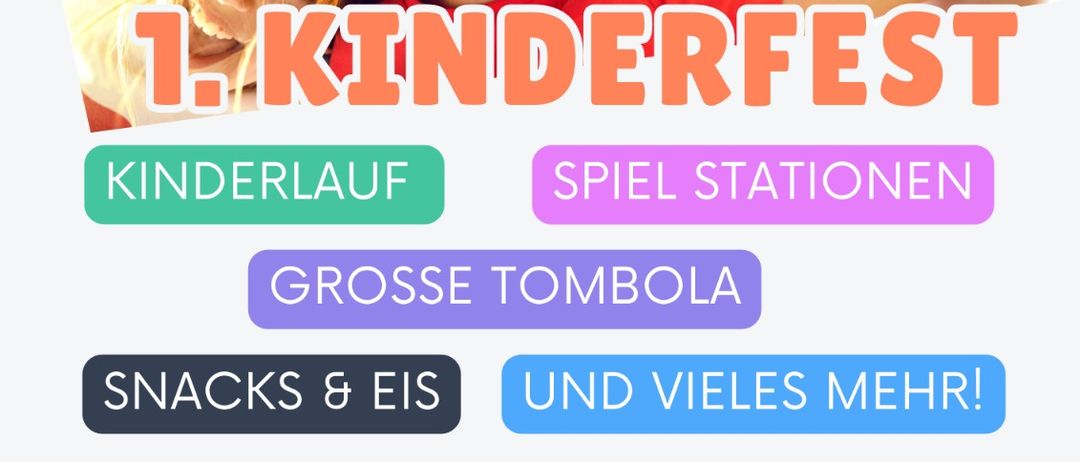 Werbeplakat für das 1. Kinderfest mit lachenden Kindern. Es bietet einen Kinderlauf, Spielstationen, eine große Tombola, Snacks, Eis und vieles mehr. Anmeldung für den Kinderlauf verfügbar. Datum: Samstag, 13.06.2026. Ort: Festhalle Grafendorf. QR-Code zur Anmeldung.