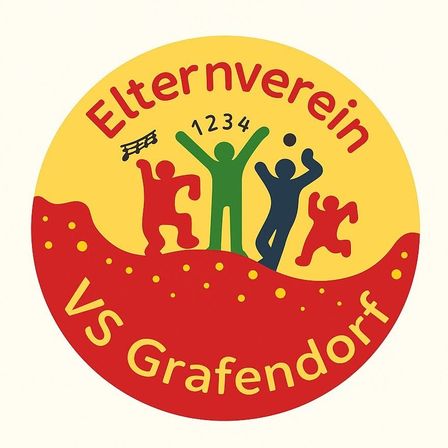 Das Bild zeigt ein kreisförmiges Logo mit dem Text 'Elternverein VS Grafendorf'. Vier Strichfiguren sind in verschiedenen Farben dargestellt. Die Zahlen 1234 sind über den Figuren zu sehen. Das Logo befindet sich auf einem weißen Hintergrund.